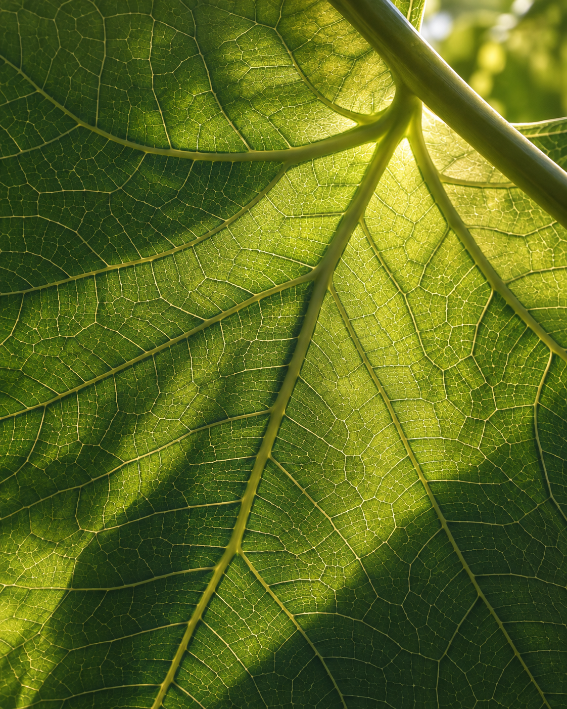 Sunlight reveals the intricate vein structure of a green leaf